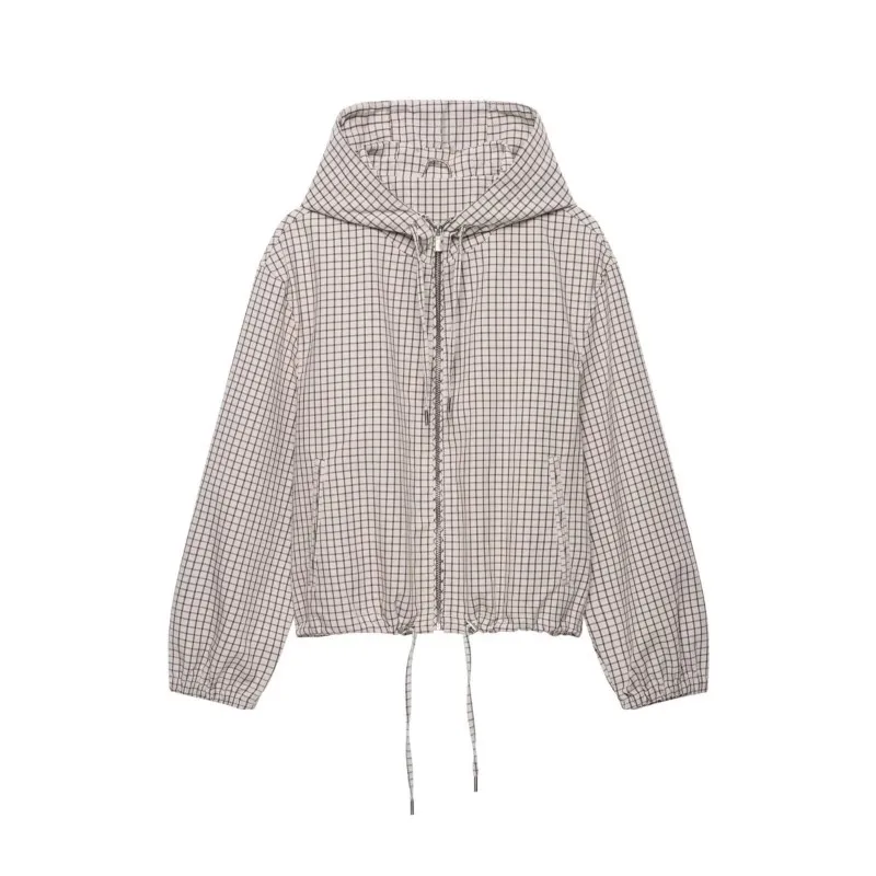 Women's Winter Jacket with Hooded New 2026 Casual Long Sleeve Checked Women's Jackets With Drawstring Chic Female Coats