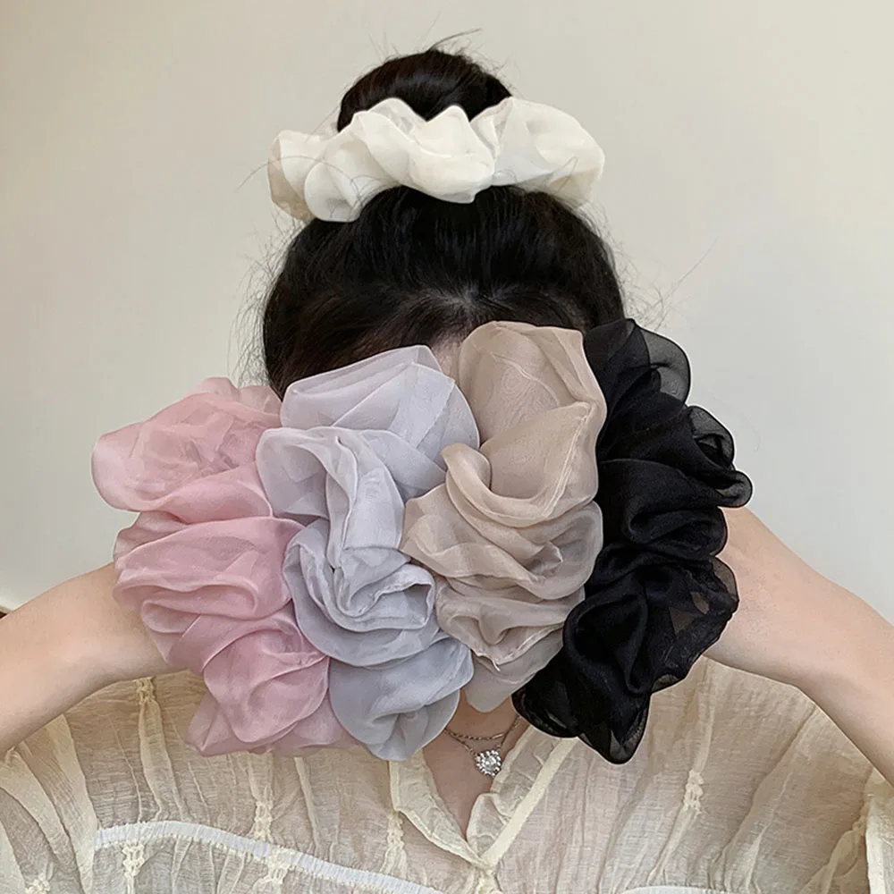 Woman Large Solid Color Chiffon Scrunchies Girls Sweet Rubber Band Lady Hair Accessories Hair Ties Ponytail Holders Ornaments