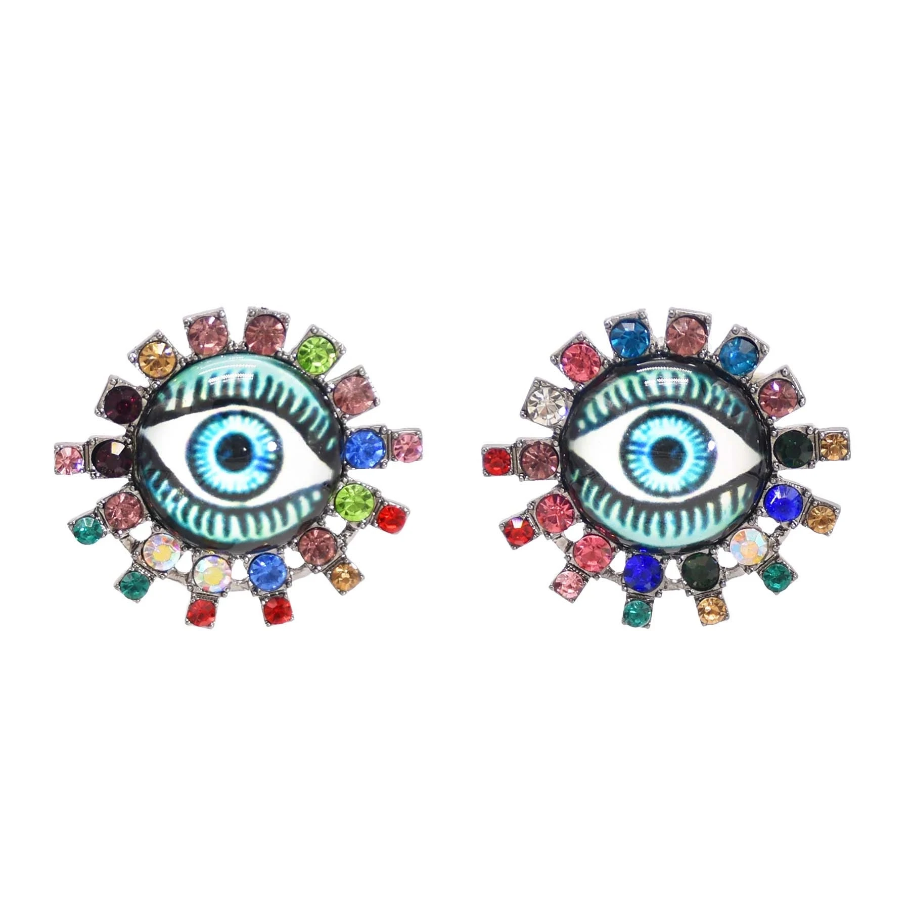 Retro Colorful Crystal Rhinestone Sun Evil Eye Stud Earrings For Woman 2022 Trendy Personality Ethnic Street Shoot Ear Jewelry