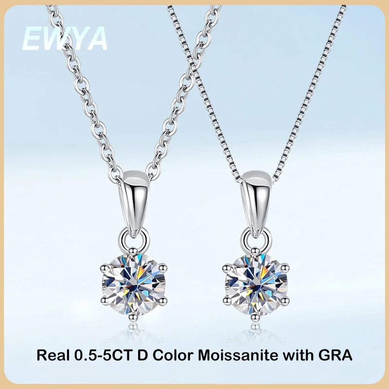 

EWYA GRA Certified 0.5/1/3/5/10CT D Color Moissanite Pendant Necklace for Women S925 Silver Pass Diamond Test 6 Prong Necklaces