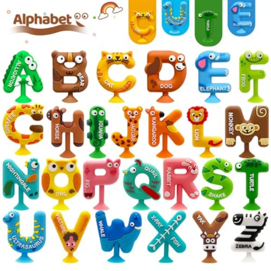 

26pcs Alphabet Bath Toys for Toddlers, Educational Suction Bath Toys with Animal Letters, Montessori Sensory Toy for 3-12, No H