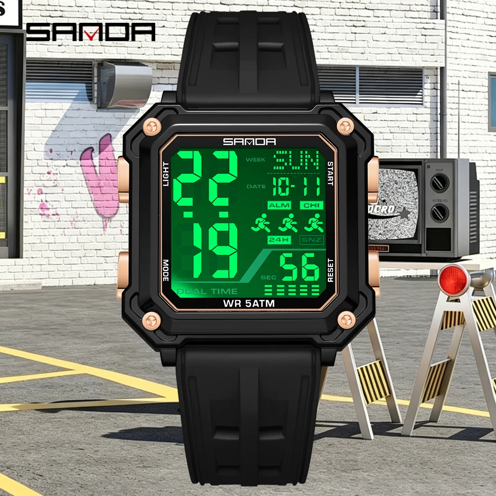 SANDA Fashion Electron jelly color Watch for Men Women Square Dial Count Waterproof Student Watch LED Luminous alarm clock Digit