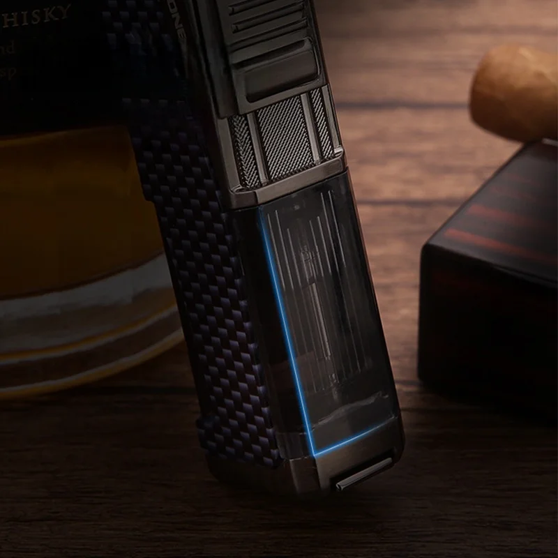 HONEST Portable Cigar Lighters Metal Four Jet Flame Butane Gas Lighter Creative Transparent Gas Window Cigar Drag Cigar Knife
