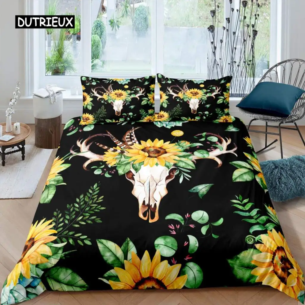 

Cow Skull Duvet Cover Queen Sunflower Cattle/Bull Skeleton Bedding Set Botanical Floral Leaves Boho Tribal Polyester Quilt Cover