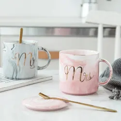 Mr＆Mrs Ceramic Mug With Lid and Stainless Steel Spoon Coffe Cup Gift for Couple Lovers 400/450ml