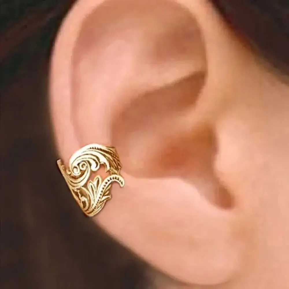 Ethnic Pattern Copper Material Clip Earrings Hollow Carving Leaf Branches Pattern Ear Cuffs Non-Piercing Earrings Daily Wear