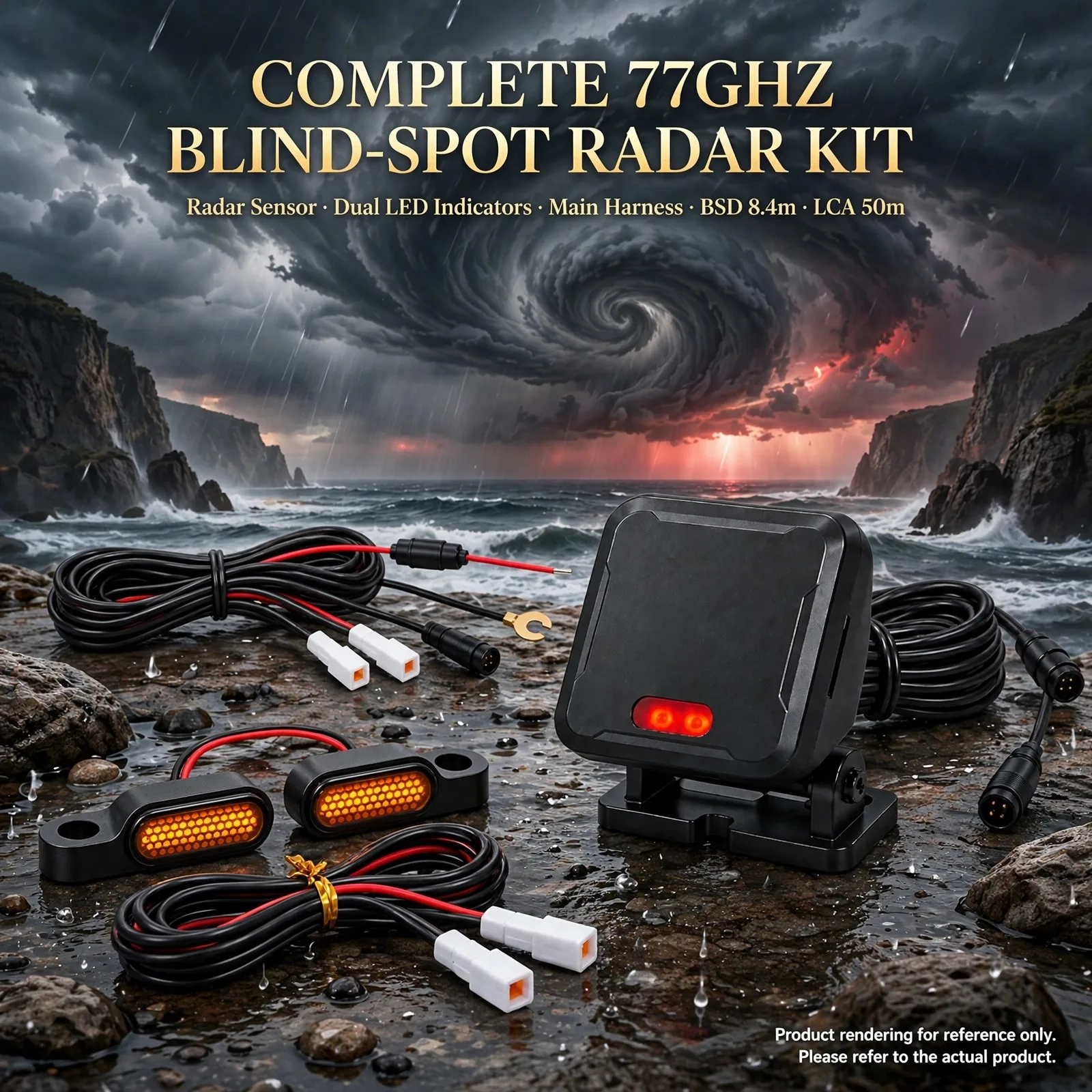 Motorcycle Rear-Guard Radar System [Typhoon Coast] – 77GHz Blind Spot Monitoring, Mirrored LED Pair, TTC≤5s Warning, All-Weather