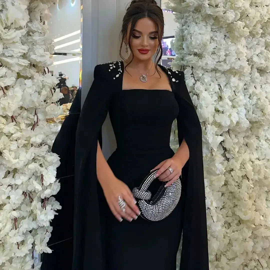 Black Elegant Evening Dresses Square Neckline Long Sleeves Prom Dresses Pleated Crystals Customized Party Dresses Women 2025