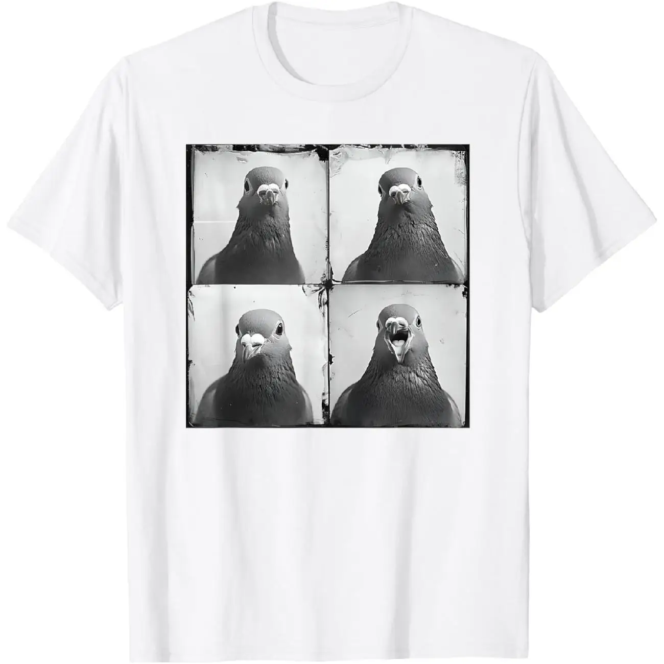 

Funny Pigeon Graphic T-shirt, Women's Retro Four Panel Photo Tee, Sarcastic Animal Bird Print Tops, Vintage Streetwear Outfits