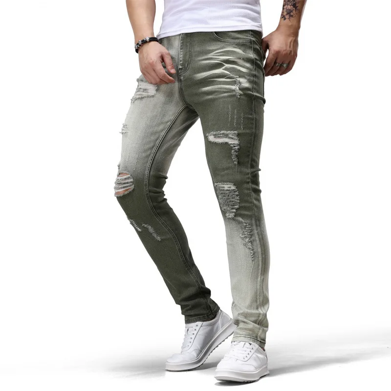 Distressed Men's Pants Retro Nostalgic Color Block Design Jeans Trendy Street Style Colorful Stylish Skinny Pants