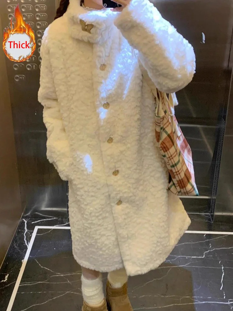 

Милое длинное пальто из искусственного ягненка, женская милая куртка в консервативном стиле с длинным рукавом Kawaii, модная корейская зимняя толстая длинная куртка с воротником-стойкой