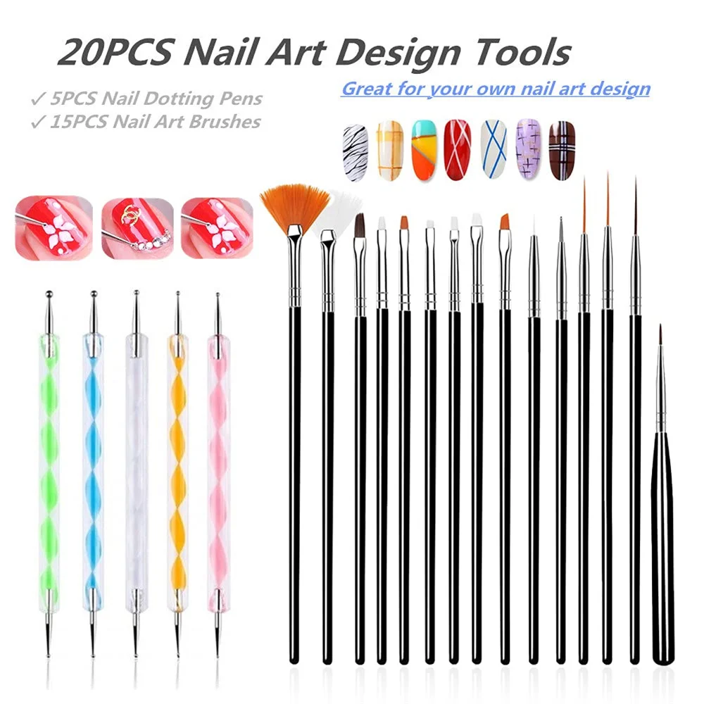 20Pcs/Set Acrylic French Stripe Nail Art Line Painting Pen 3D Tips Manicure Slim Line Drawing Pen UV Gel Brushes Painting Tools