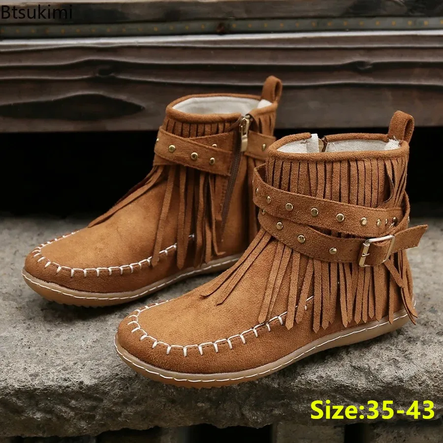 

New 2025 Women's Winter Retro Tassel Boots Side Zipper Rivets Flat Shoes Comfort Round Toe Non-slip Ankle Boots for Women Boats