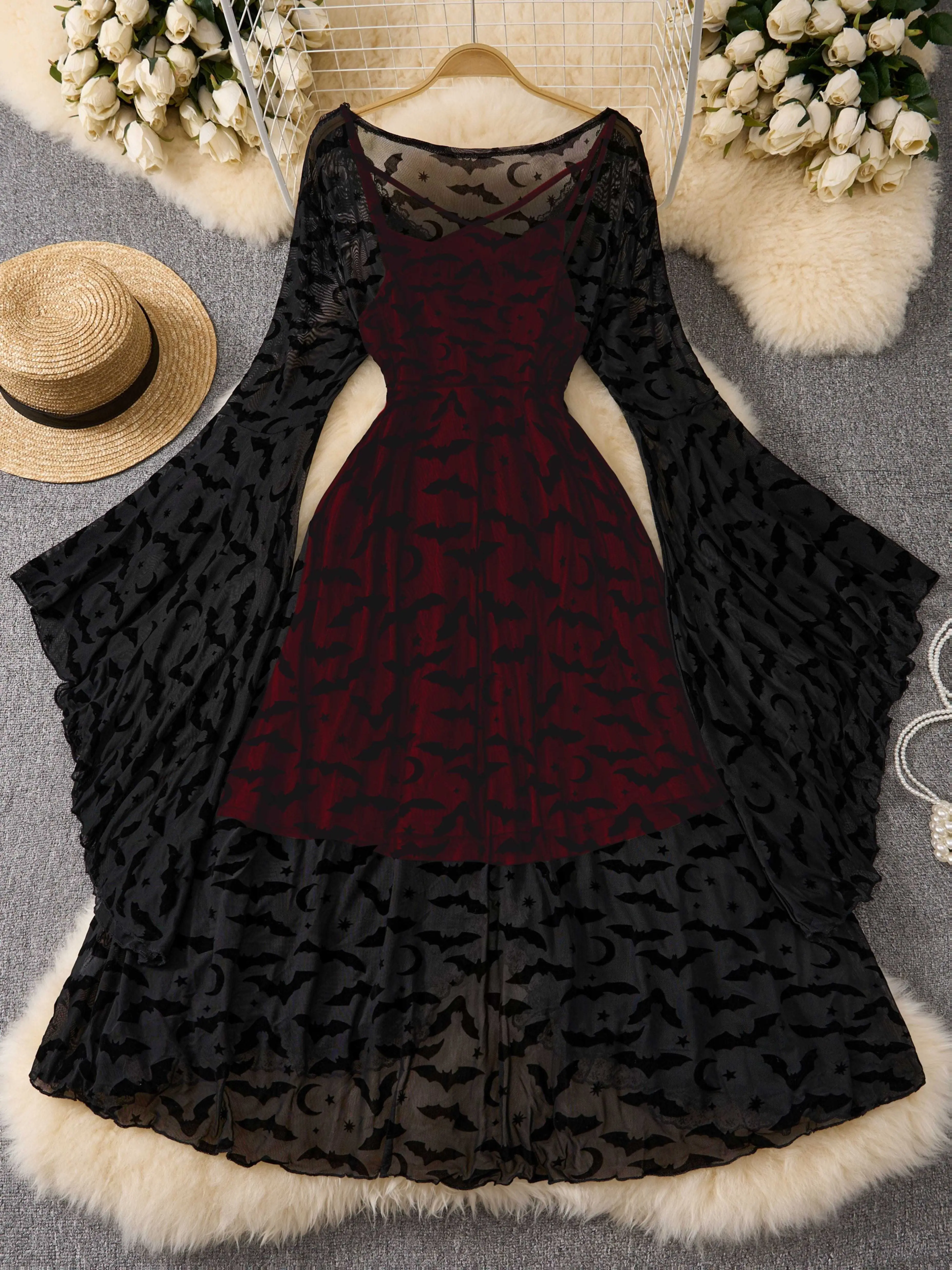 Bat-Patterned Mesh Top and Cross-Strap Adjustable Shoulder Strap Slip Dress Set