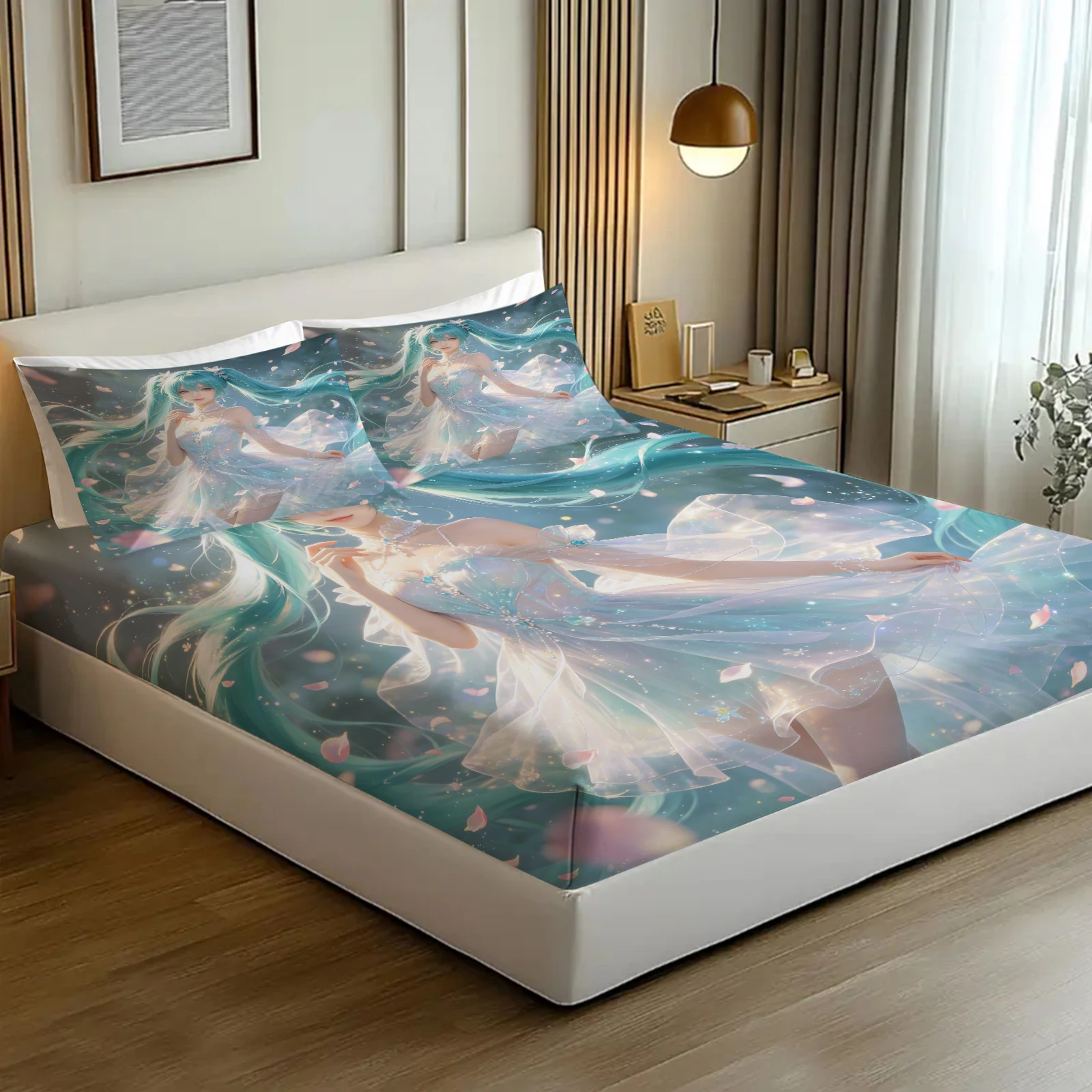 Hatsune Miku Futuristischer Tech-Anzug Spannbettlaken-Set Anime Sci-Fi Bettbezug mit Kissenbezügen Tiefe Taschen Fan-Zimmer-Deko Geschenk – Detail 8