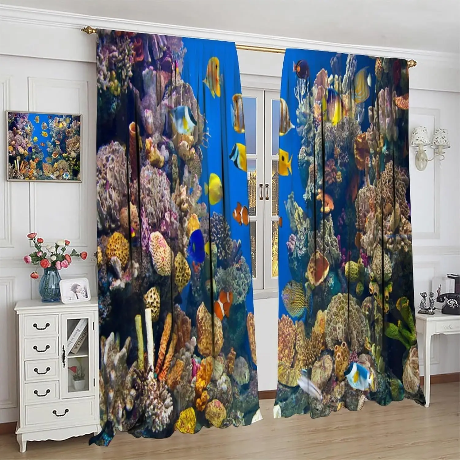 Ocean Animal Curtains Tropical Fish Coral Underwater Sea World Art 3D Pattern Window Drapes for Bedroom Living Room Kitchen Cafe