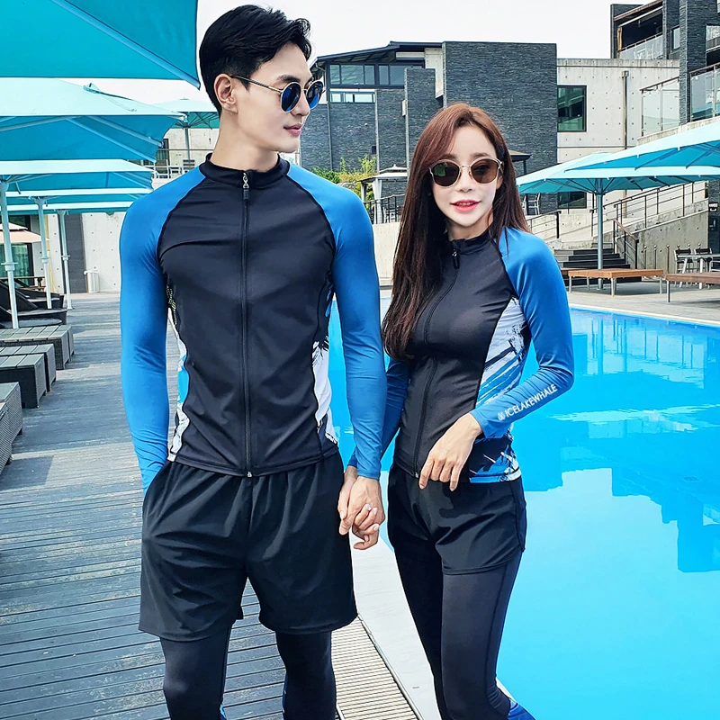 

2023 Rash Guards Men Women 5 Pieces Long Sleeve Shirt Front Zipper Shorts Pants Blue Black Couples Swimwear Surfing Bathing Suit