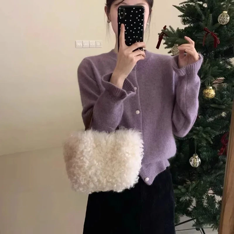 

Кардиган с круглым вырезом, свитер, женская вязаная куртка с рукавами в виде бутона цветка, ленивый топ