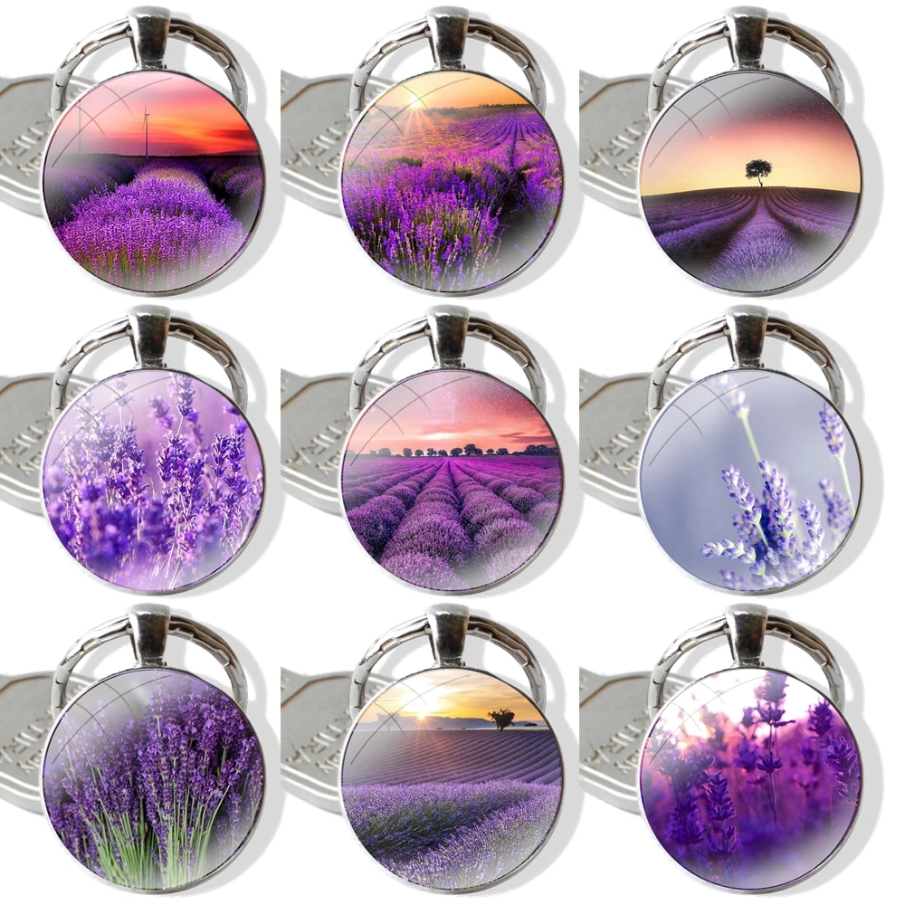 Lavender Flower Lavandula vanilla Keychain Handmade Glass Cabochon Key Ring Holder Pendant Key Chains