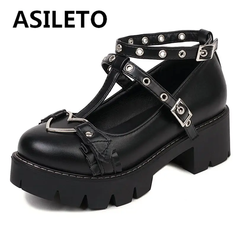 ASILETO Women Pumps Round Toe Block Heels Buckle T-Strap Heart Metal Decoration Platform Big Size 34-43 Pink Black Sweet S3930