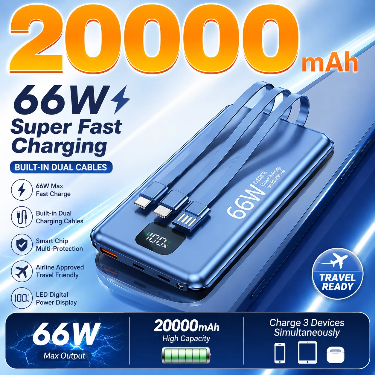20000mAh Slim PowerBank 22.5W Fast Charging Built-in Dual Cables Portable Charger External Battery for iPhone Samsung Xiaomi