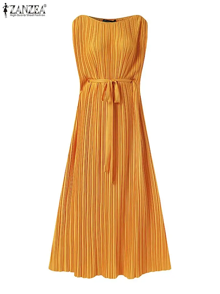 Fashion Solid Pleated Dress Women Summer Sundress 2023 ZANZEA Casual Sleeveless Tank Vestidos Belted Female O Neck Robe Femme