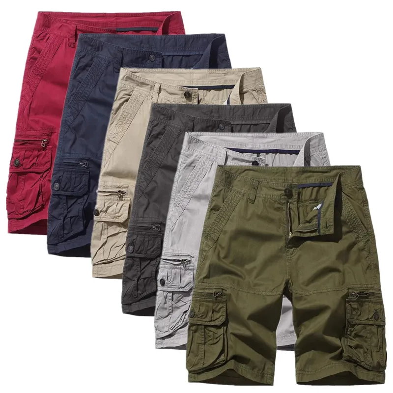 Summer New Men Solid Colour Cotton Work Shorts Multiple Pockets Loose Casual Daily Shorts for Homme