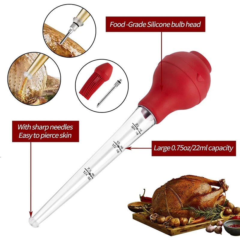 Bomba de silicona para sazonar pavo con cepillo para asar, jeringa para pavo, inyector de carne para cocina