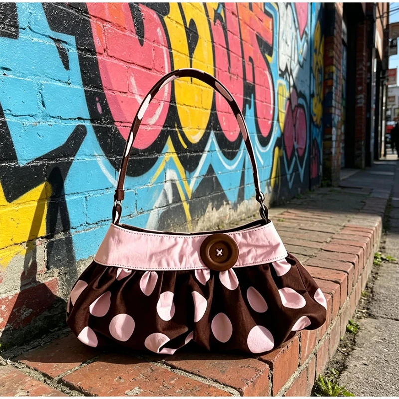 Koreanische Polka-Dot Plissierte Stern-Streifen Hobo Unterarm-Schultertasche, Süße Niedliche Damenhandtasche, Leichte Stoff-Freizeittasche für Frauen – Detail 2