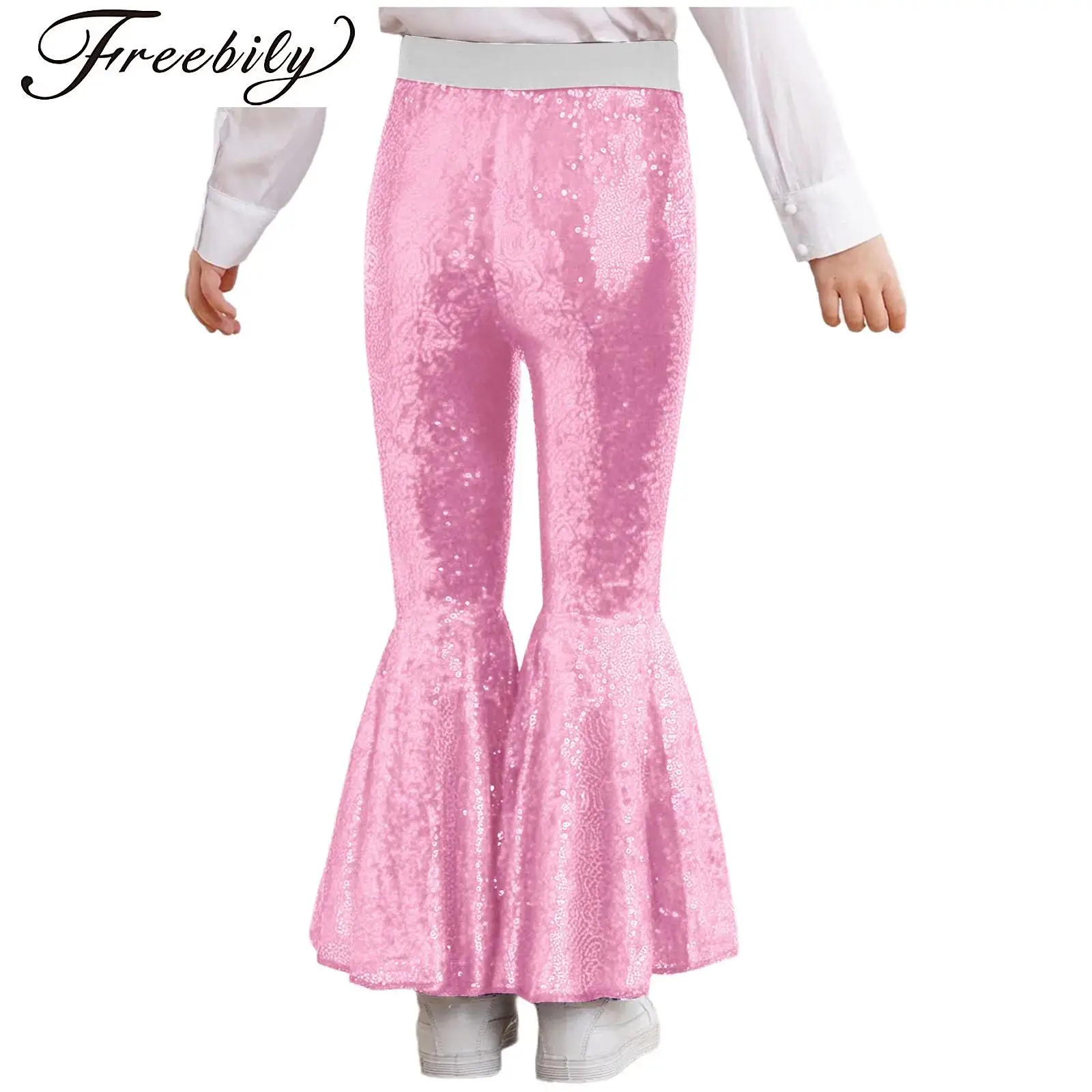 

Shiny Sequin Dance Pants Girls Glitter Bell-Bottom Pants High Waist Disco Jazz Dance Flared Pants Trousers Performance Costumes