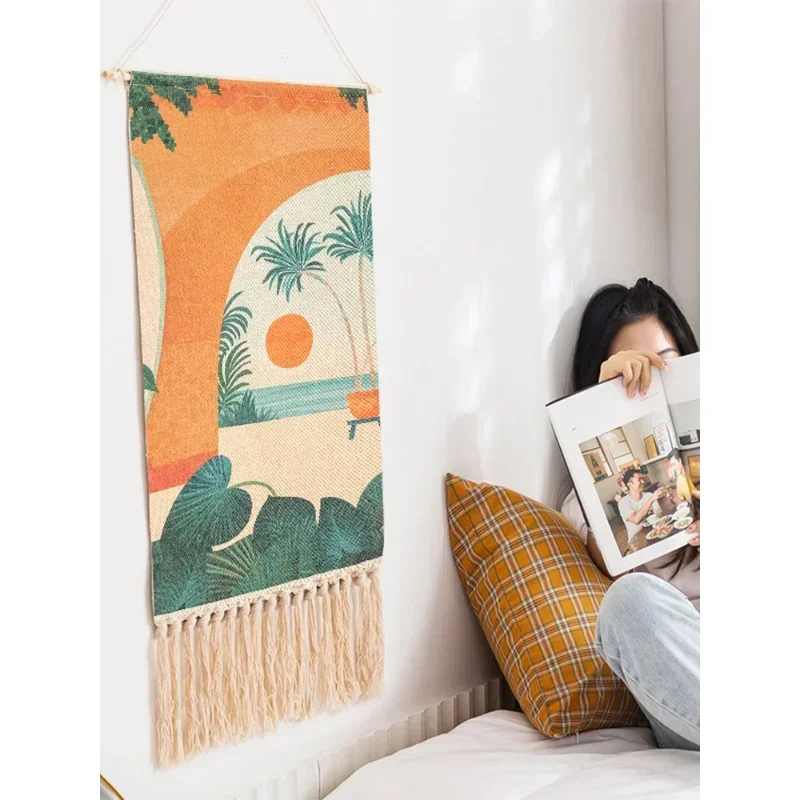 

Nordic Cotton and Hemp Hand-woven Homestay Tassel Tapestry Decoration Hanging Picture Cloth Art Bedroom Hanging Cloth Ornament