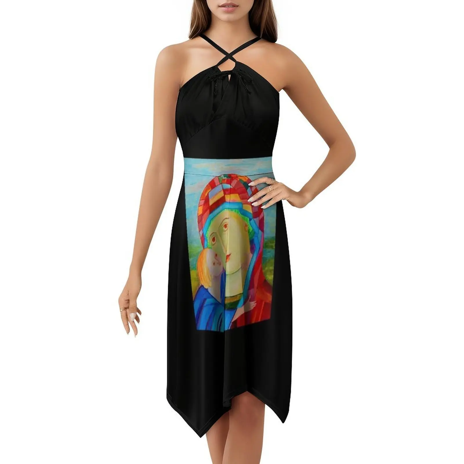 Sukienka mini w stylu preppy z motywem Matki Boskiej z Dzieciątkiem i Jezusa Chrystusa, o kroju A-line, luźna, codzienna sukienka dla kobiet.