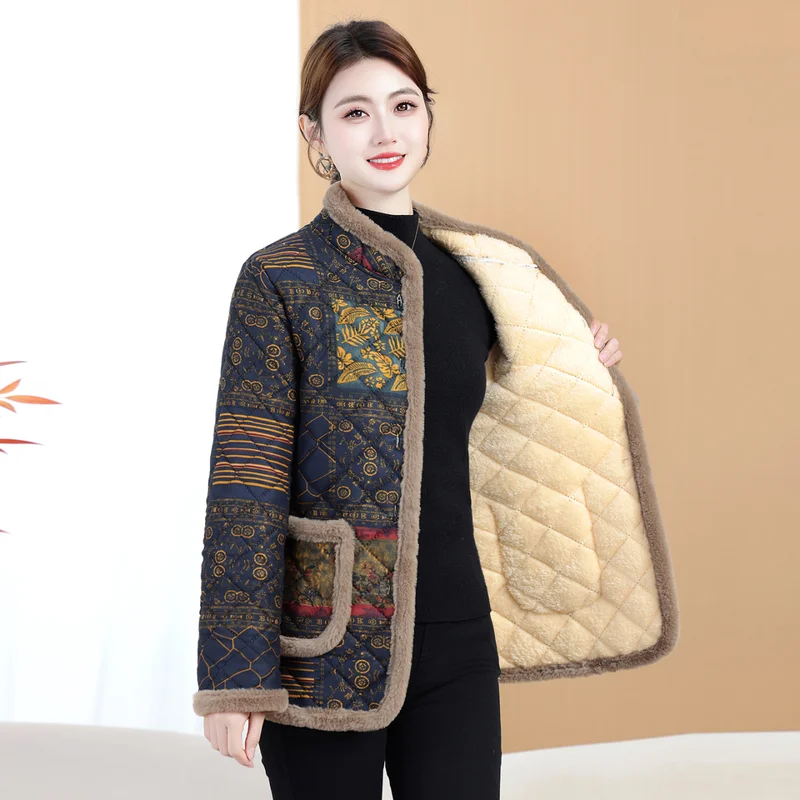 Damska kurtka zimowa z polaru w stylu retro 2025, ocieplana kurtka bawełniana dla kobiet w średnim wieku, kurtka codzienna plus size.