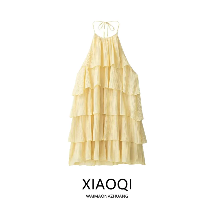 Nova Chegada de Outono: Vestido F Casual com Gola ter, Camadas Múltiplas Decorativas, Costas Abertas e Saia Estilo ...