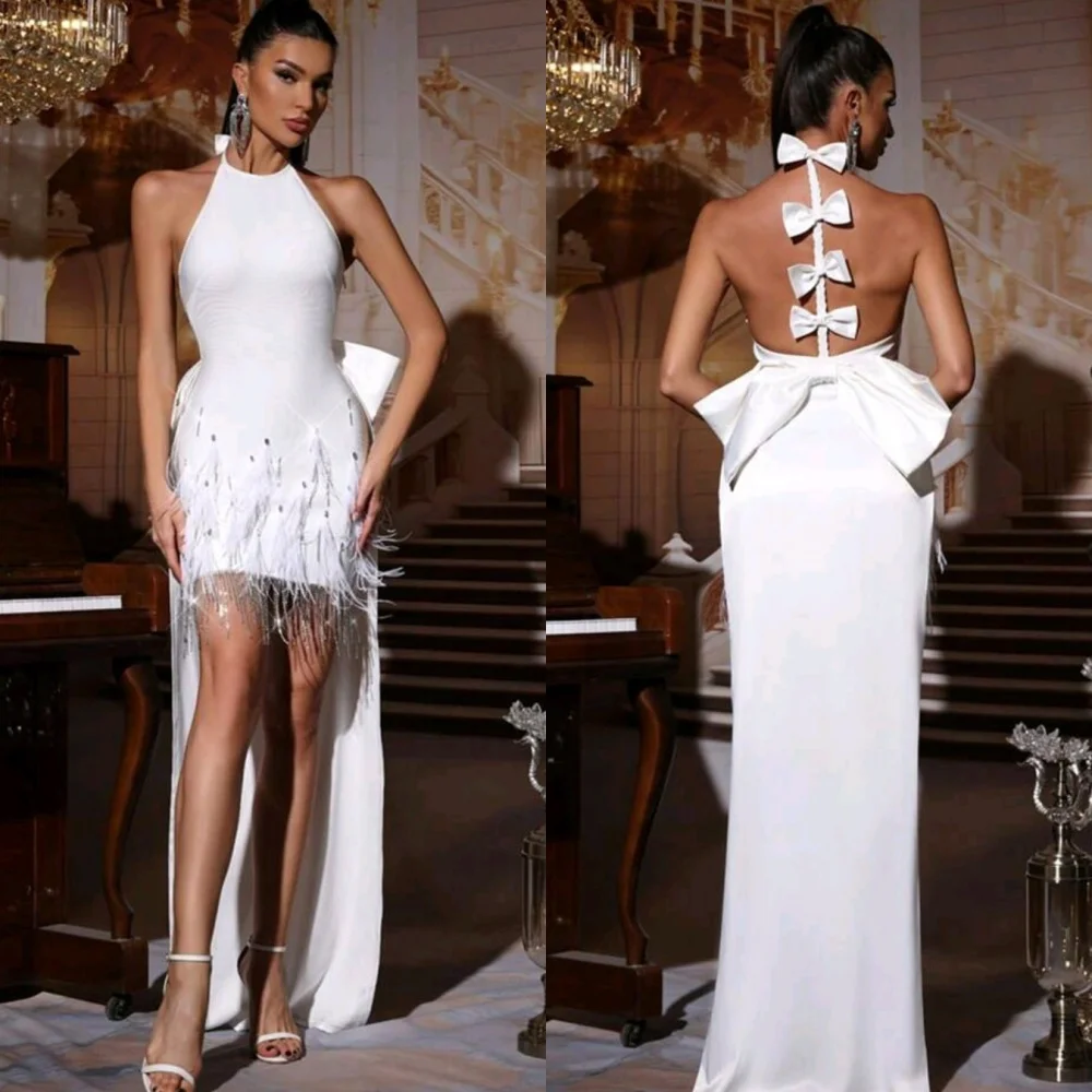 

Customized Sexy Fashion Jersey Pleat Bow Rhinestone Feather Sheath High Collar Short Dresses Bespoke Occasion Dresses Formal