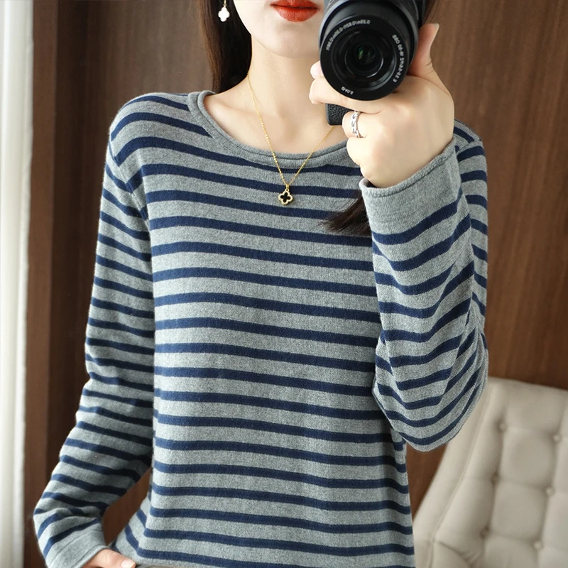 

Women's Pullover Spring/Autumn 100% Cotton Sweater Casual Striped Knitwear Loose Ladies Tops Round Neck Basic Blouse