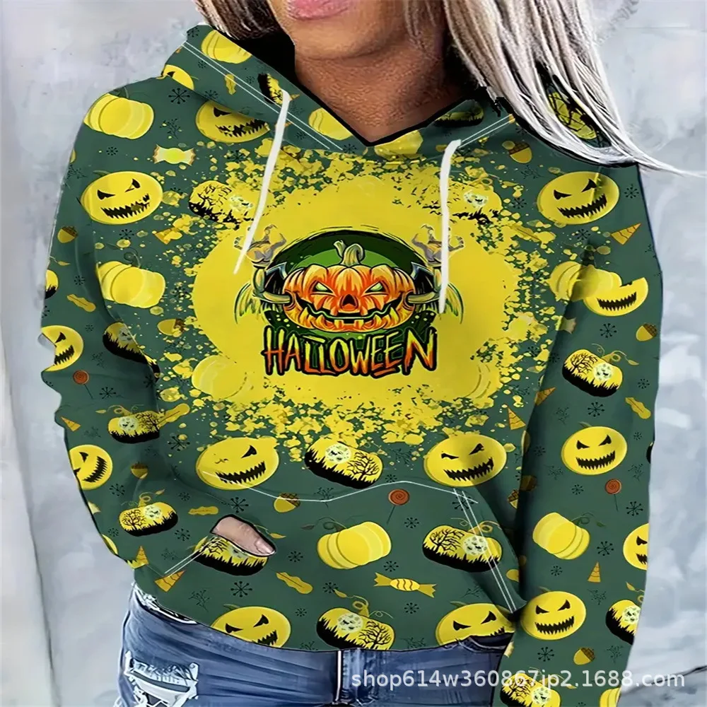 2024 European and American new autumn women's hoodie with Halloween pumpkin pattern 3D printing trendy pullover hooded sweatshir