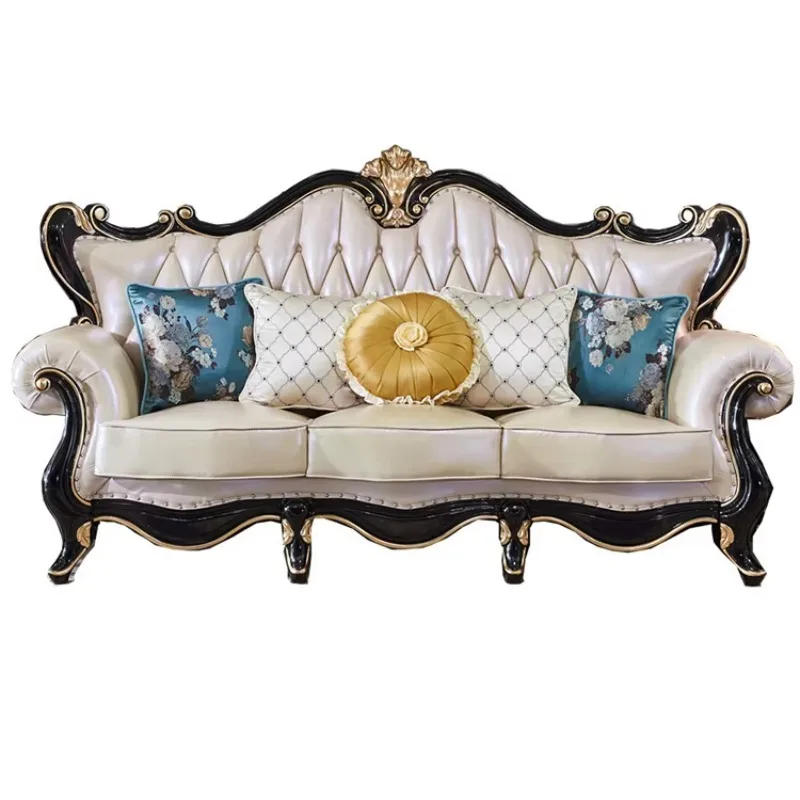 European Luxury Sofa Set Genuine Leather Sofa Bed for Living Room Hotel Apartment Villa Exquisite Carving Solid Wood High End