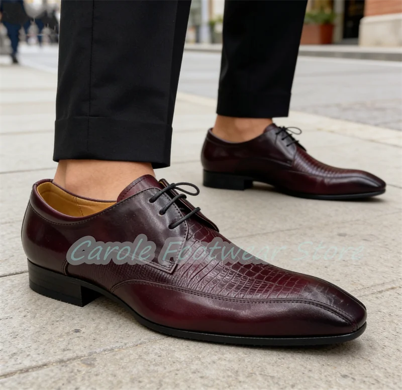 

Crocodile Emboss Design Handmade Genuine Leather Loafers Fashion Male Square Toe Lace-Up Oxfords Business Formals Dress Shoes