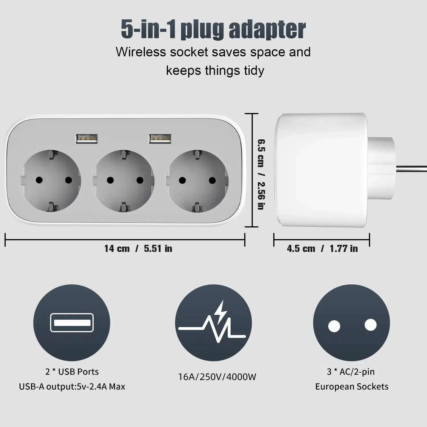 Euro plug wall socket extender with 3 AC power supply and 2 USB charging port power adapter for home office travel outlet