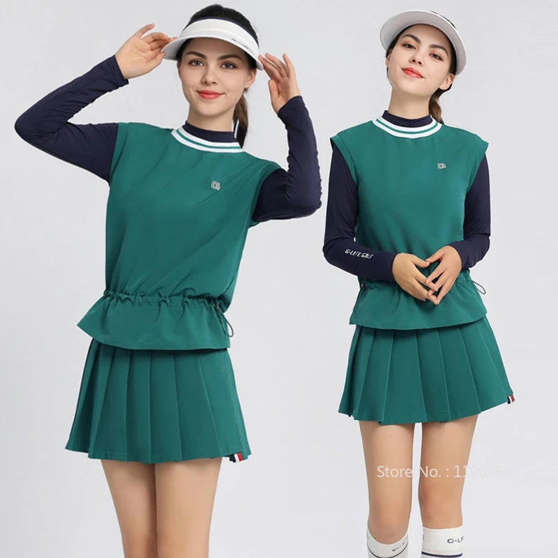 

G-LIFE Golf New Women Vest Spring Autumn Sleeveless Slim Tops Drawstring Waist Slim Shirts Pleated Skirt Female Casual Skorts