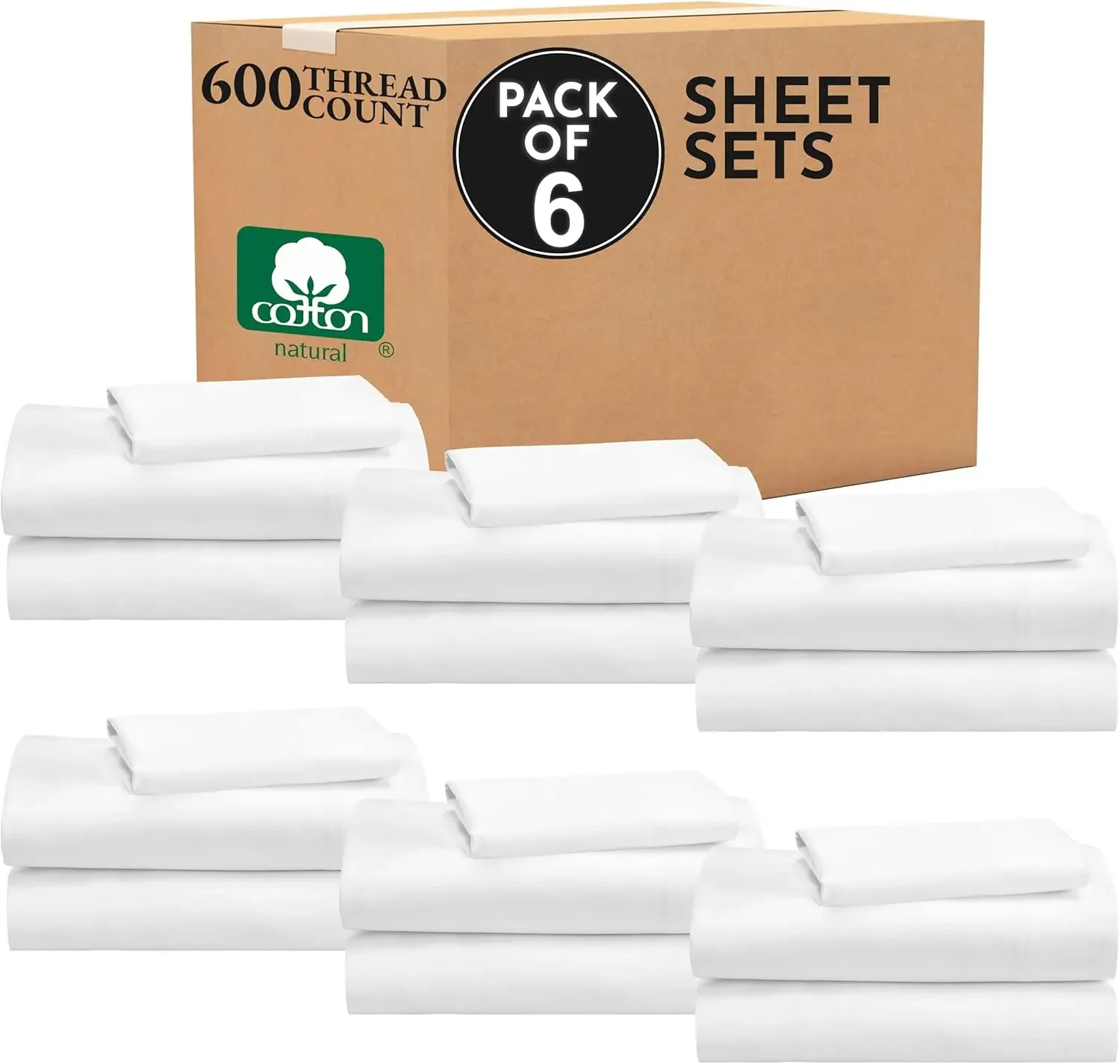 

California Design Den Bulk Pack of 6 Twin XL Sheet Sets - 600 Thread Count 100% Cotton Sateen, Deep Pocket, Case Includes 6 Flat