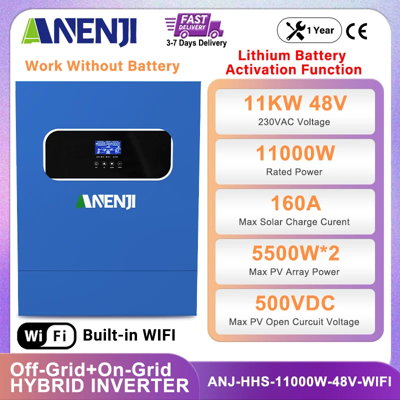 

ANENJI Hybrid Solar Inverter 11KW 6.2KW MPPT Pure Sine Inverter 48V Built-in 160A 120A Off-Grid+On-Grid Solar Charger PV 500VDC