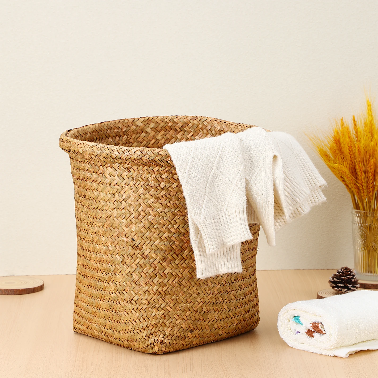 

Woven Storage Basket Rattan Trash Can Wicker Laundry Bathroom Baskets Container Small Waste Multifunctional Premium Material