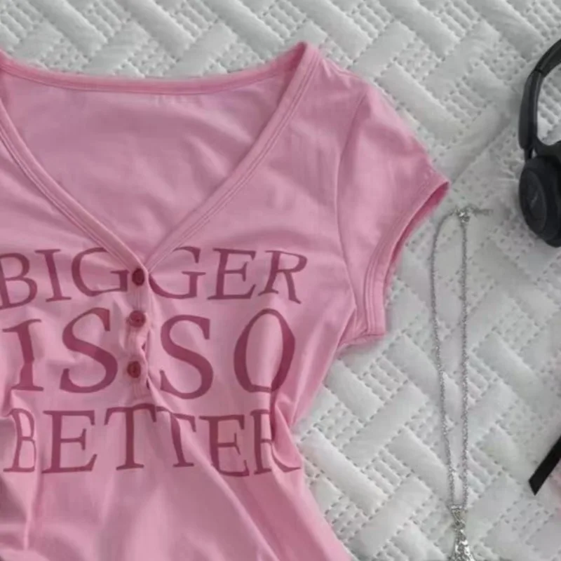 Amerikaanse Vintage Brief Gedrukt Roze V-hals T-shirts Meisje Punk Retro Y2k Esthetische Stijl Korte Slanke Tees Straat Zoete Hottie Top