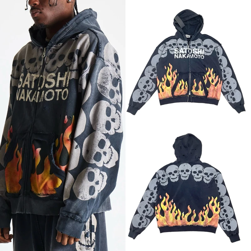 New Arrivals SATOSHI NAKAMOTO Hoodies Retro Washed Casual Skull Flame Graphics Zipper Sweatshirt