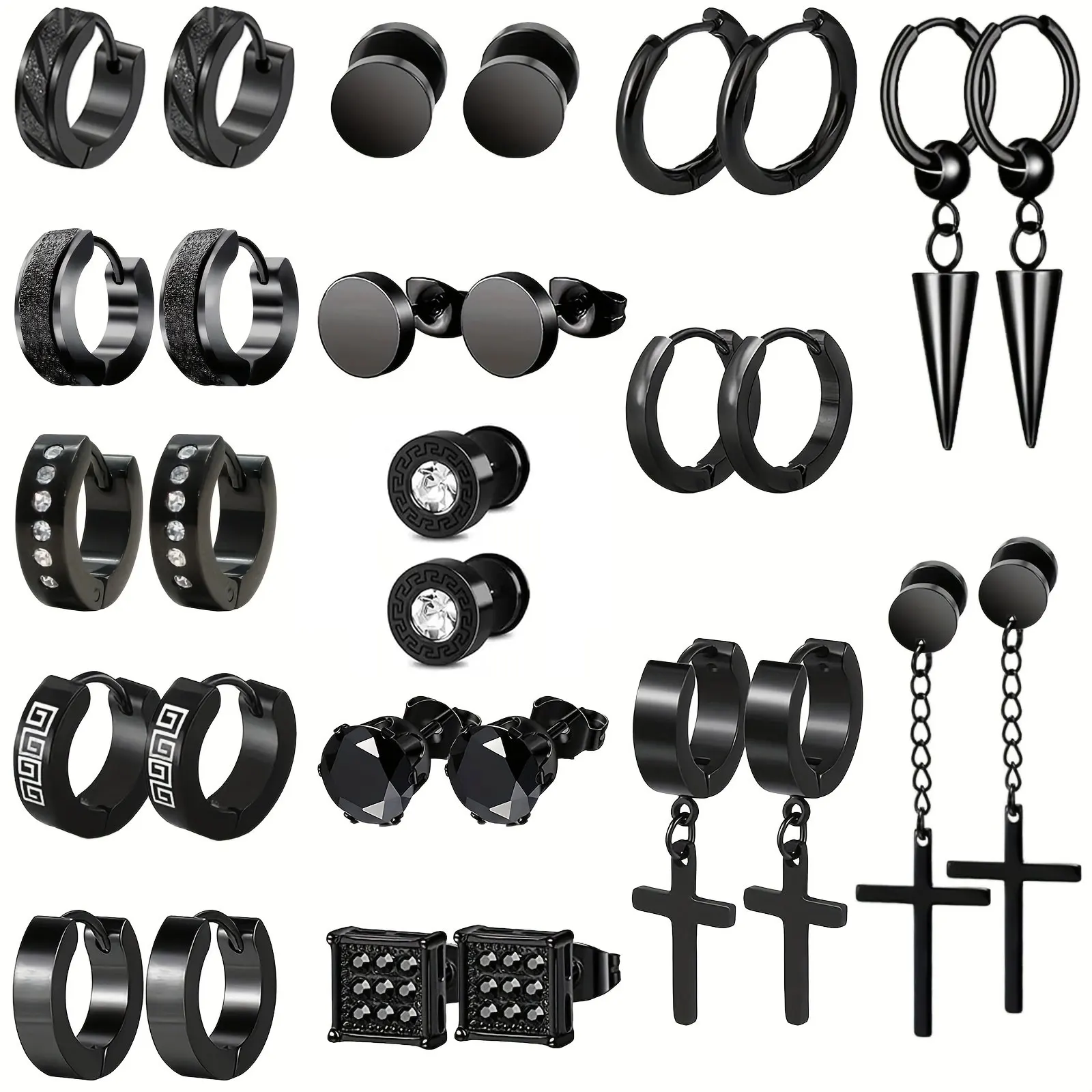 Juego de 30 pendientes de acero inoxidable estilo punk hip-hop, aptos para hombres y mujeres, ideales para uso diario o para fiestas.