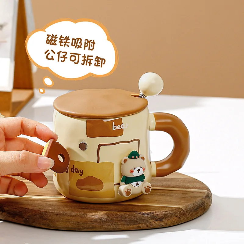 Cute Bear Mug Cartoon Spoon with Lid Ceramic Water Cup High Beauty Hand Gift Coffee Mug