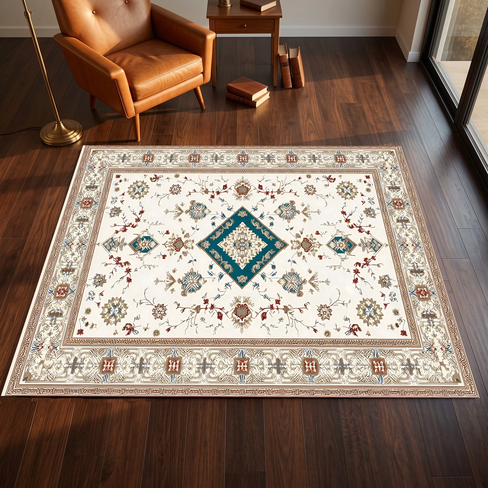 2D Large Rug with Retro Persian Diamond Pattern and Floral Design, Suitable for Living Room, Bedroom, and Coffee Table, Instantly Refreshes Autumn and Winter Decor