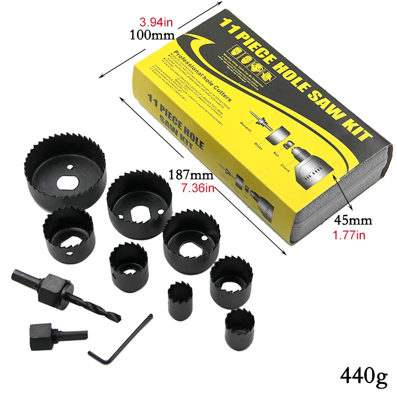 11pc Black Hole Saw Woodworking Gypsum Board Hole Opener 19-64mm Ceiling Hole Punching Tool Set Plastic Box